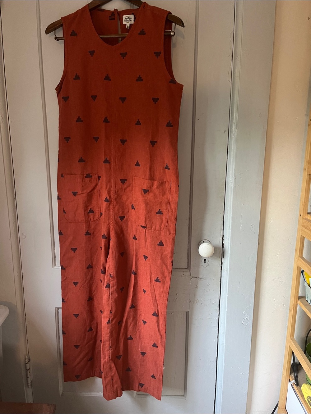 Sleeveless Rust Printed Cotton Jumpsuit with Front Pockets